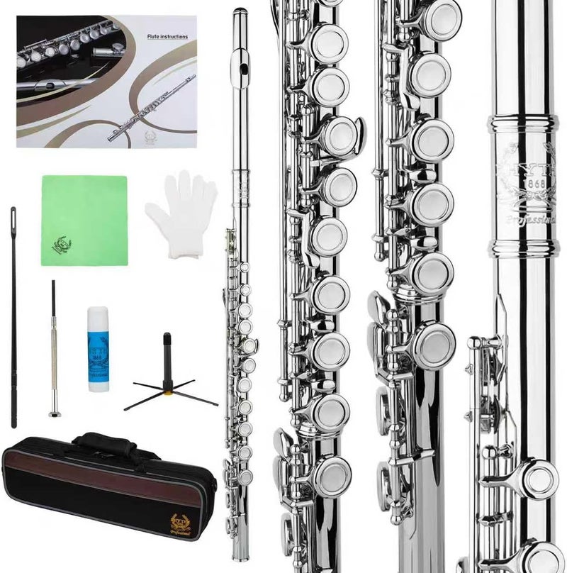 Rhythm C Flutes with Engraved Flower Closed Hole 16 Keys Flute For Student, Beginner with Stand, Carrying Case, Cleaning Kit, Gloves, Tuning Rod (Ni-Silver Color) - Image 1